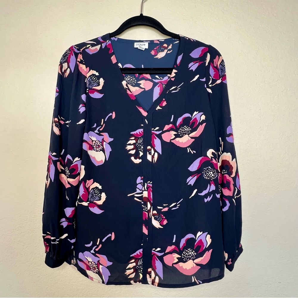 J Crew Factory Floral Blouse Size 0 Navy Pink Purple V Neck Work Top